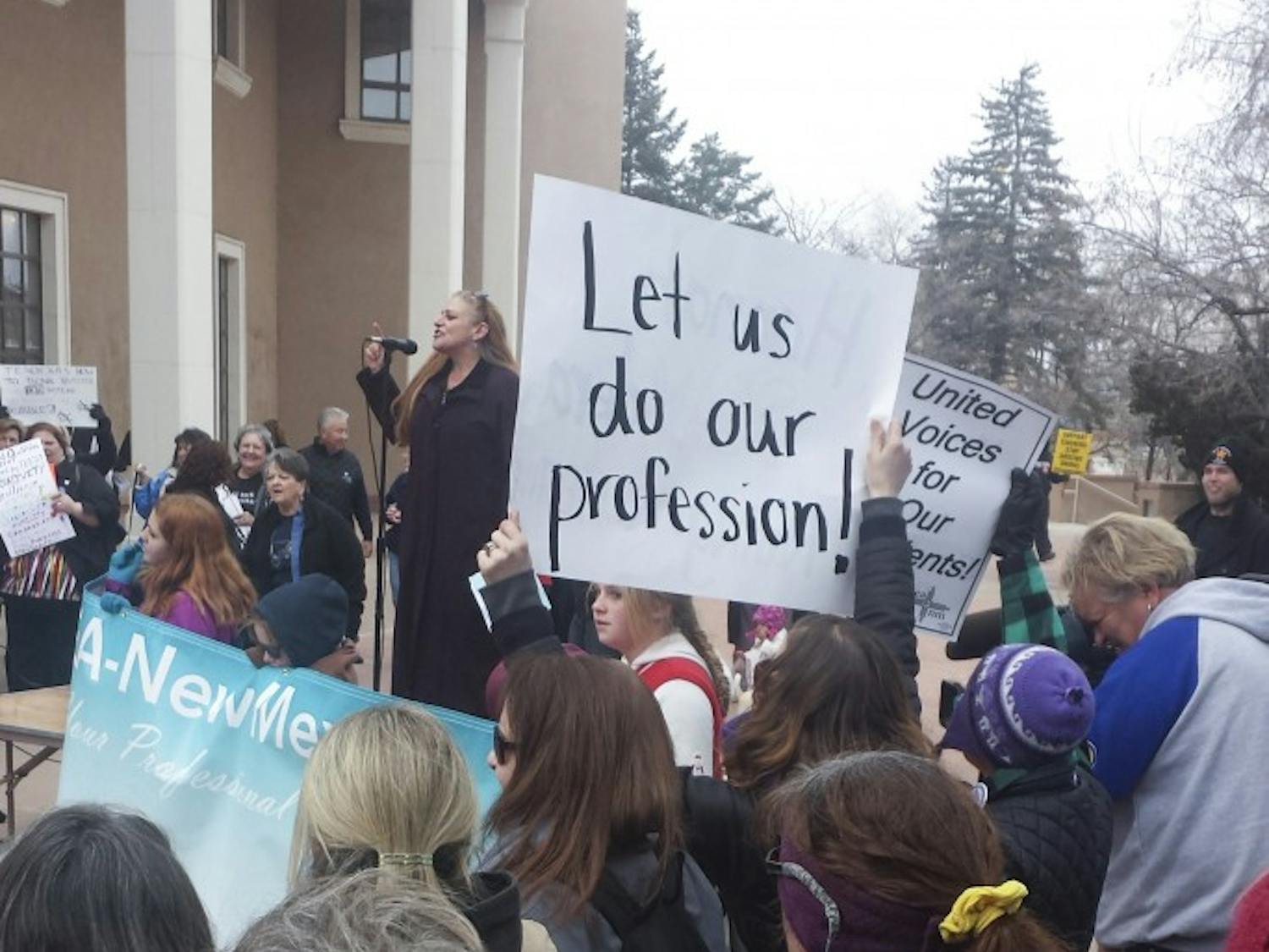 Teachers gather on Monday afternoon at the Roundhouse in Santa Fe to protest legislative proposals that could be detrimental to the education profession.