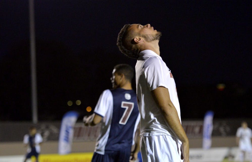 Senior forward Niko Hansen reacts after missing a shot against LMU Tuesday, Oct. 4, 2016 at the UNM Soccer Complex. The Lobos lost against Denver University this past Wednesday 2-1 in overtime.&nbsp;
