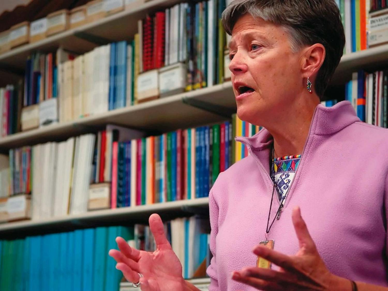 Delle McCormick, executive director of Borderlinks, talks about immigration along the Arizona-Mexico border during a discussion at the Latin American and Iberian Institute on Tuesday.