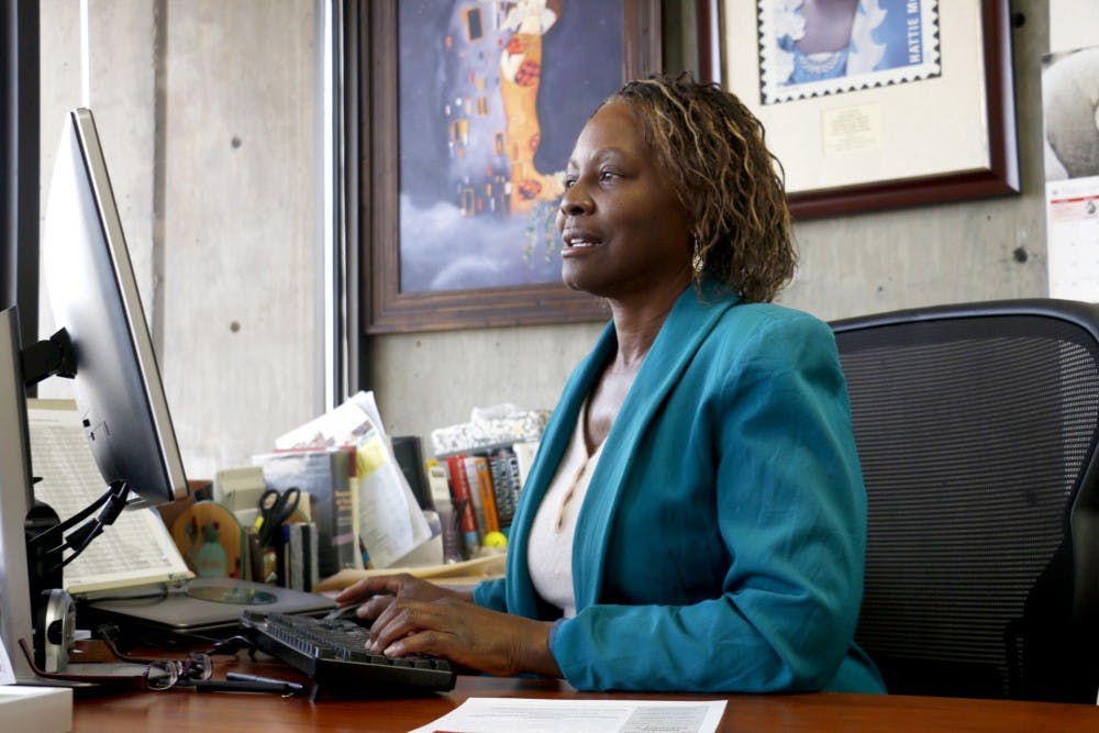 Professor Sherri L. Burr sits in her office on Friday, Feb. 3, 2017. Burr will be speaking at a Lawyers Without Rights event, which will take place this upcoming Tuesday, Feb. 7.