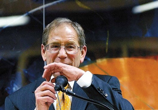 Samuel Schuman, former president of two colleges and Garrey Carruthers Chair in the University Honors Program, tells an anecdote during his presentation Wednesday in the University Honors Forum. 