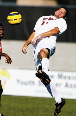 Lobo forward P.J. Wilson heads the ball during the second half of the Lobos' 1-0 victory over Cal State- Northridge at the UNM Soccer Complex on Sunday.