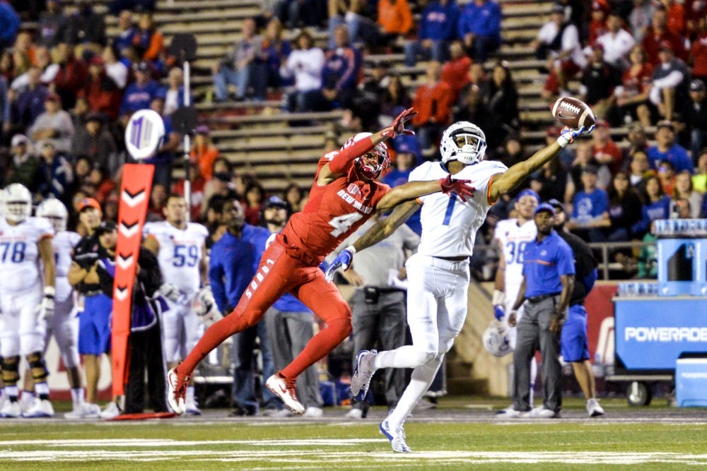 Senior cornerback Isaiah Brown reaches out to intercept a pass from a Boise State player on Friday, Oct. 7, 2016 at University Stadium.&nbsp;&nbsp;