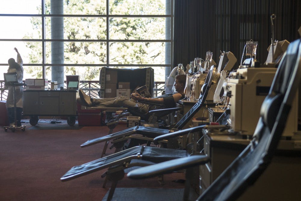 Empty chairs occupy the SUB Ballroom on Monday for the second annual Battle of I-25 Blood Drive vs NMSU. United Blood Services has said blood donations from students have been lower this year compared to last year.