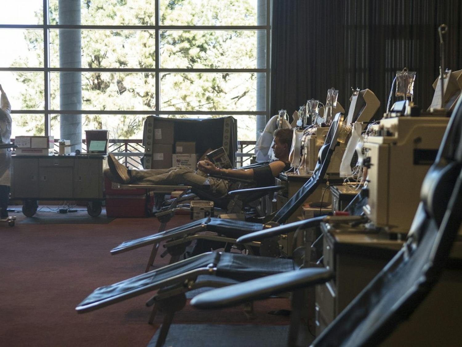 Empty chairs occupy the SUB Ballroom on Monday for the second annual Battle of I-25 Blood Drive vs NMSU. United Blood Services has said blood donations from students have been lower this year compared to last year.