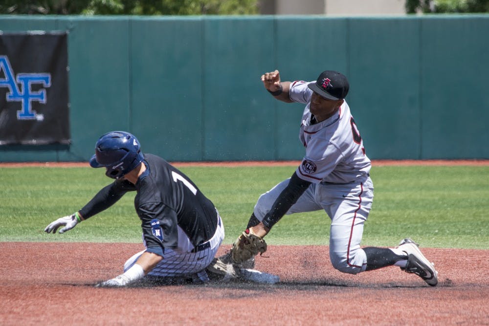 Senior third baseman Bryce Greager slides into second base Friday afternoon at Santa Ana Star Field. Nevada beat San Diego State 5-3 in game seven of the Mountain West Championship.&nbsp;