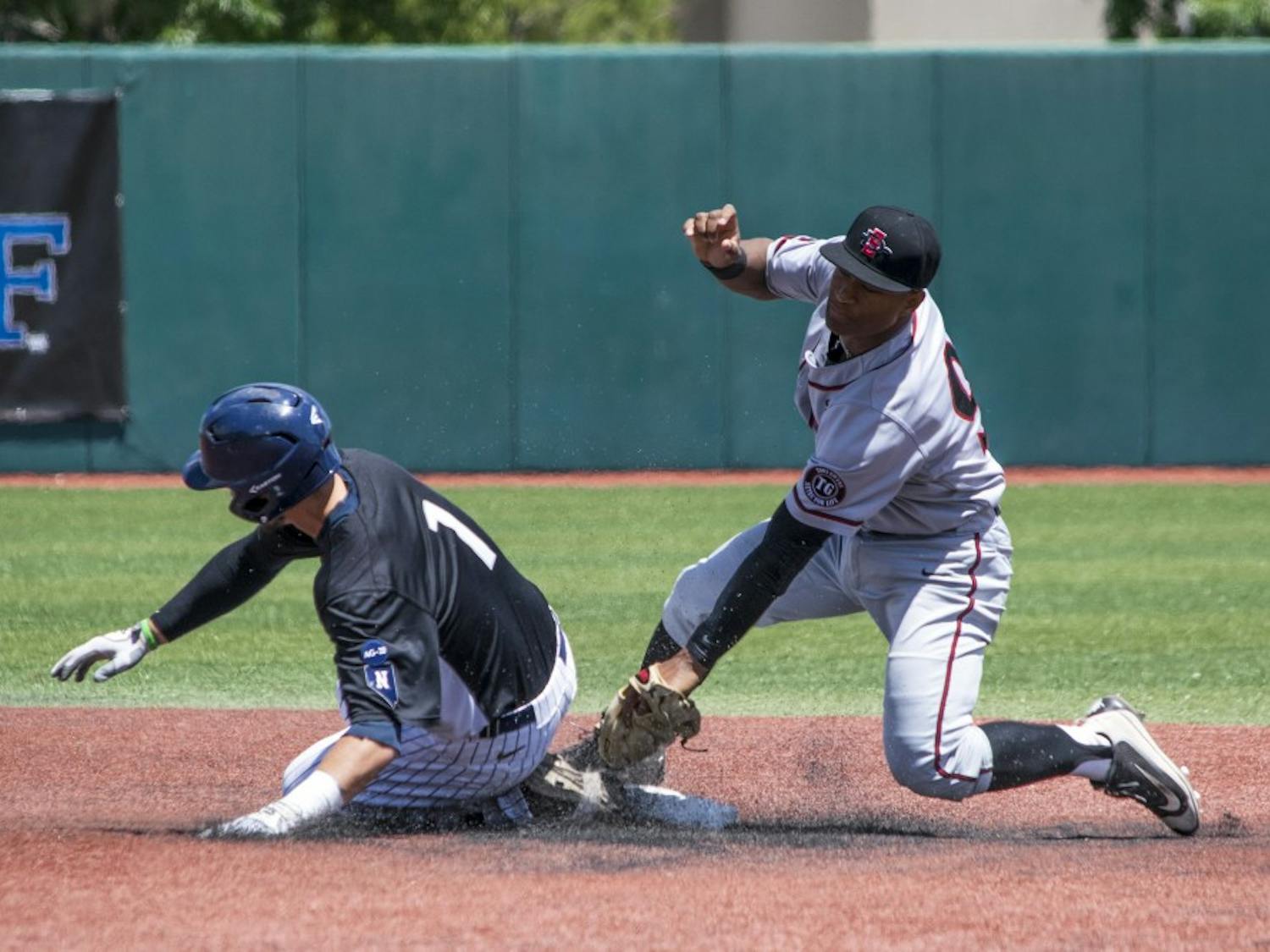 Senior third baseman Bryce Greager slides into second base Friday afternoon at Santa Ana Star Field. Nevada beat San Diego State 5-3 in game seven of the Mountain West Championship.&nbsp;
