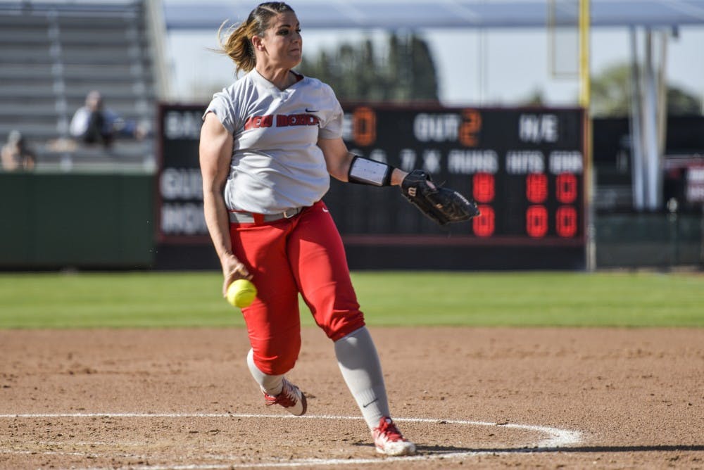 Senior pitcher Lisa Rodrigues pitches against a San Diego State batter Friday afternoon at the Lobo Softball Field. The Lobos lost to the Aztecs 23-4.&nbsp;
