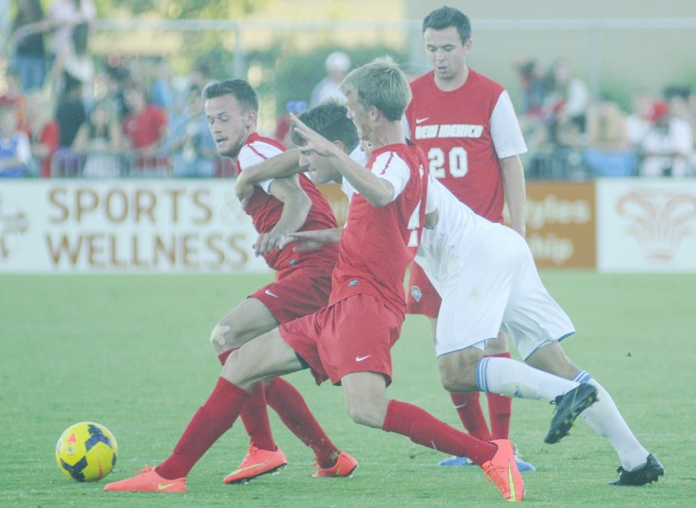 Lobo soccer players keep the ball away from UCLA on Sept. 7 at the UNM Soccer Complex. The Lobos will be playing against Drexel tonight at 7 p.m.