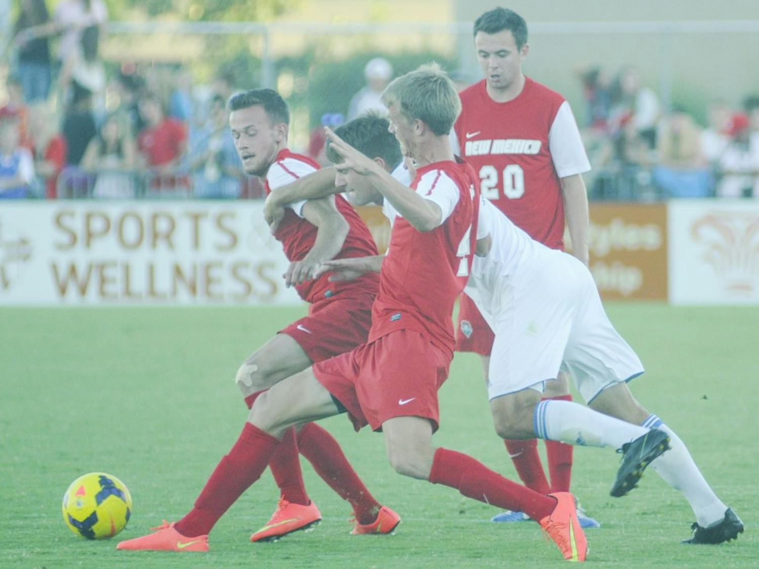 Lobo soccer players keep the ball away from UCLA on Sept. 7 at the UNM Soccer Complex. The Lobos will be playing against Drexel tonight at 7 p.m.