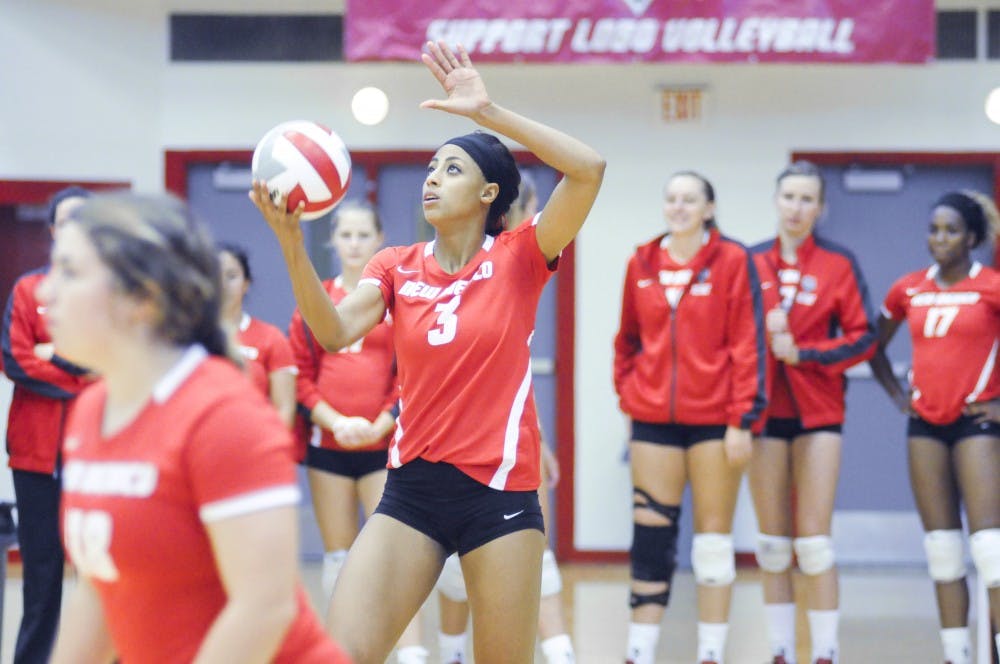 New Mexico outside hitter Chantale Riddle gets ready to serve during the game against UTEP on Aug. 30. The next game takes place tonight at 7:30 p.m. against Montana State.