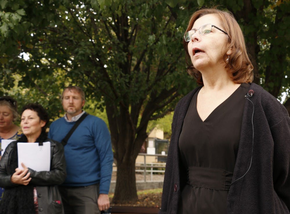 Lori Maclver speaks at a press conference held in front of UNMH Thursday, Oct. 29. Maclver spoke about the troubles nurses are having at the hospital due to staff shortages and managing issues.&nbsp;