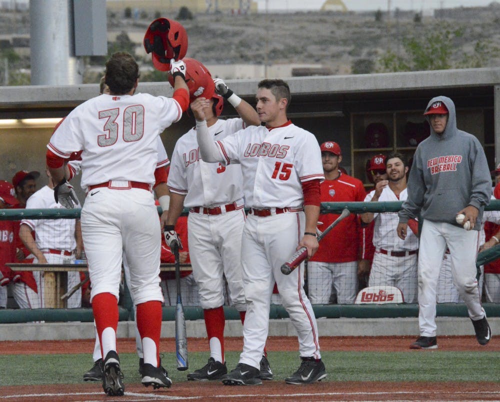 The Lobos celebrates a home run on April 14 at the Lobo Field. UNM plays against Nevada on Friday at 6 p.m. 
