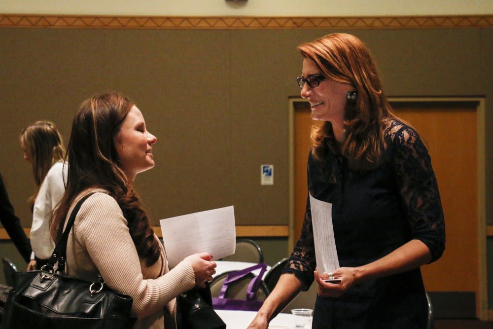 Jennifer Knowlton (right) talks to a student after the Woman in Power event Wed. 27, 2016 in the SUB Ballroom. Students got the opportunity to ask one on one question to organization leaders.