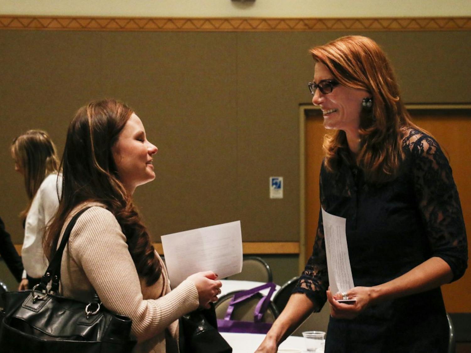 Jennifer Knowlton (right) talks to a student after the Woman in Power event Wed. 27, 2016 in the SUB Ballroom. Students got the opportunity to ask one on one question to organization leaders.