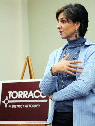 District attorney candidate Lisa Torraco speaks to voters in the SUB on Monday.