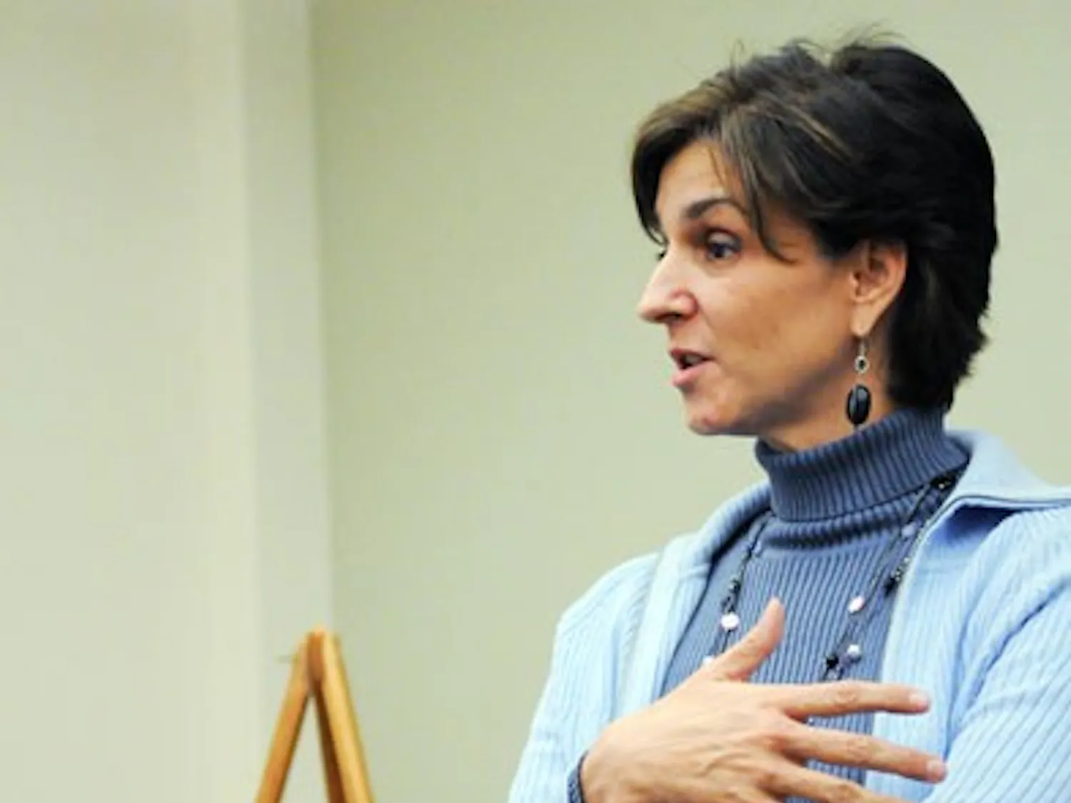 District attorney candidate Lisa Torraco speaks to voters in the SUB on Monday.