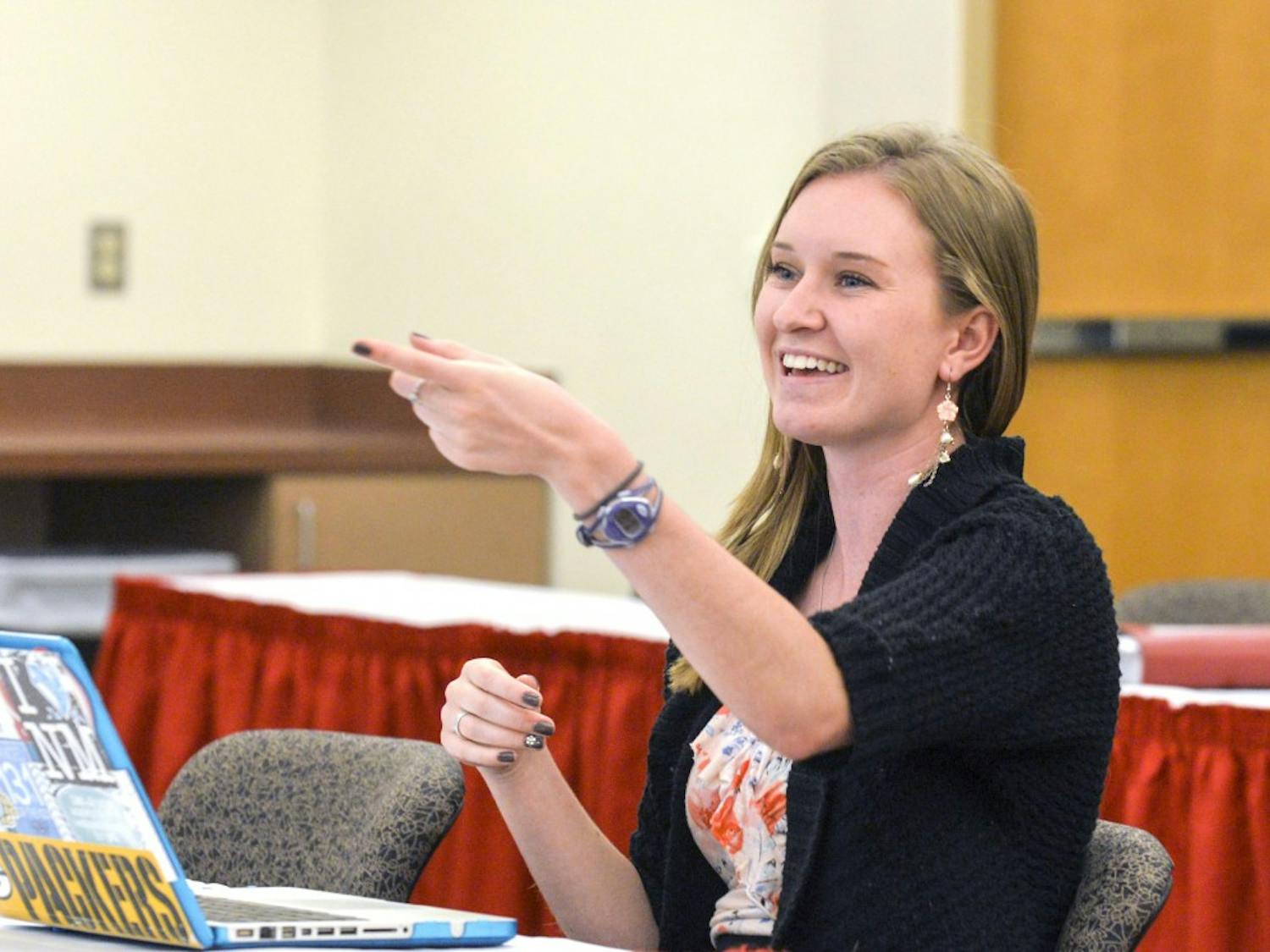 ASUNM president, Jenna Hagengruber delivers her President's report on Wednesday evening at the SUB. The meeting touched on a number of topics such as the resignation of two senators, policy changes and appropriations. 