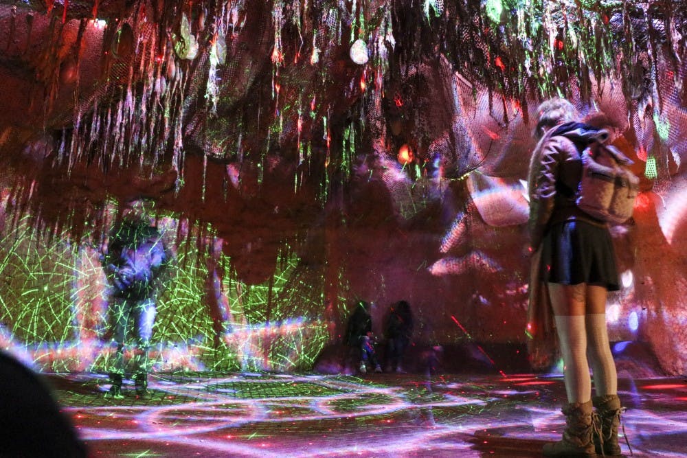 Attendees stand in ahh at the light show happening during the 2017 River of Lights on Dec. 08, 2017.  