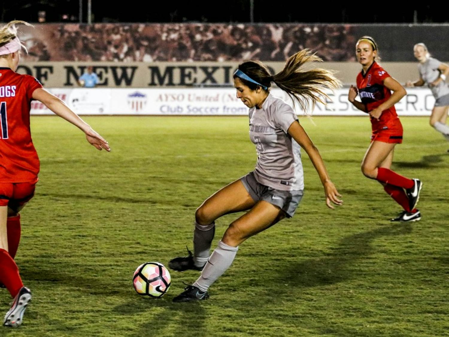 Midfielder/forward Jennifer Munoz protects the ball from Fresno State during UNM?s home game on Oct. 6, 2017. The Lobos defeated the Bulldogs 1-0. 