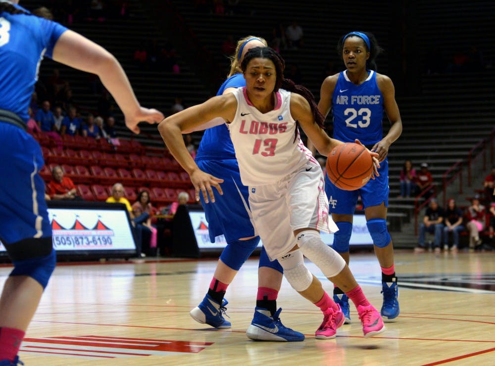 Senior forward Khadijah Shumpert drives to the net past Air Force's defense Feb. 20, 2016 at WisePies Arena. The Lobos will play their last season home game against Nevada&nbsp;this Friday 7 p.m. at WisePies Arena.&nbsp;
