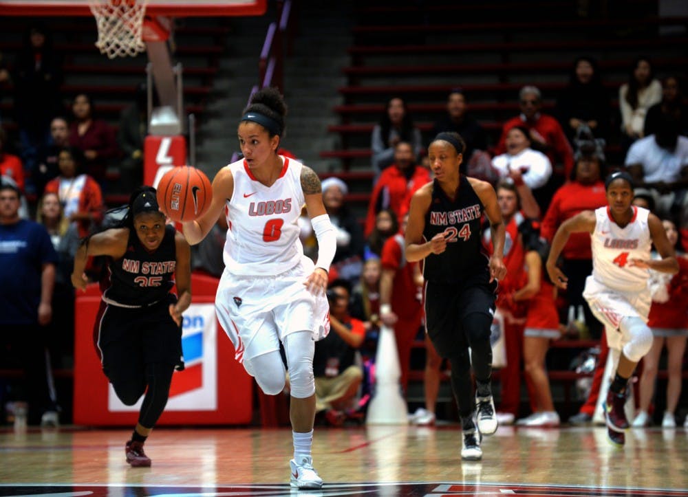 Sophomore guard Cherise Beynon takes the ball down court at WisePies Arena Dec. 20. The Lobos will play Fresno State at 2 p.m. in WisePies Arena.&nbsp;