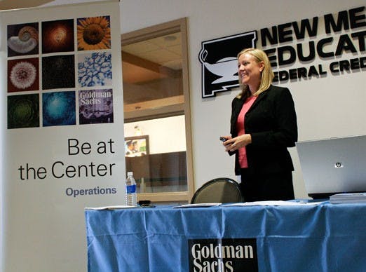 Holly M. Wainscott of Goldman, Sachs & Co. recruits students to work with the investment firm in the SUB on Monday. 