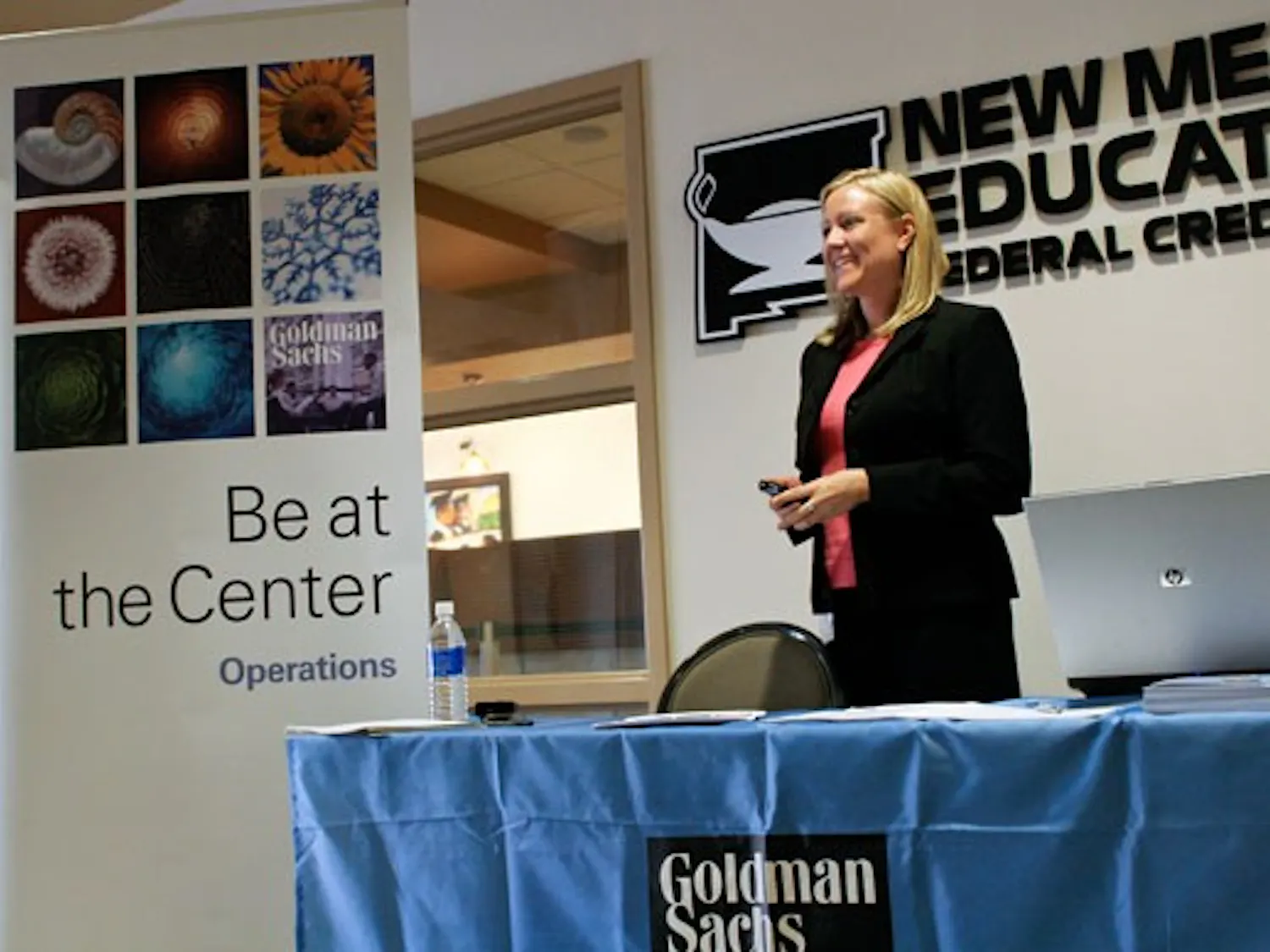 Holly M. Wainscott of Goldman, Sachs & Co. recruits students to work with the investment firm in the SUB on Monday.