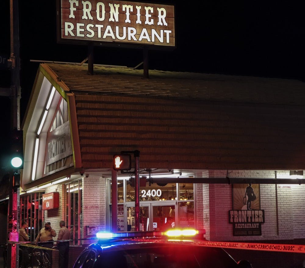 A police car sits outside of the Frontier Restaurant in response to a shooting&nbsp;on Oct. 9, 2018.&nbsp;An unidentified male was shot multiple times around 11:00 p.m. on Tuesday. The individual is in stable condition, there are currently no suspects.&nbsp;