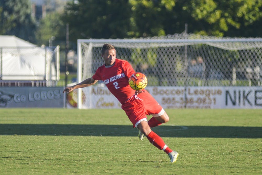Redshirt freshman defender Tom Smart eyes the ball Sunday, Sept. 4, 2016 at the UNM Soccer Complex. The Lobos will play CSU Bakersfield on Friday at 7 p.m.
