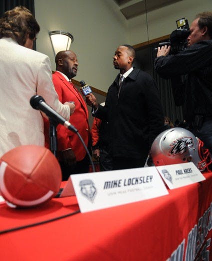 KRQE's Van Tate interviews UNM's head football coach, Mike Locksley. UNM introduced Locksley to fans and the media Tuesday in SUB Ballroom C.