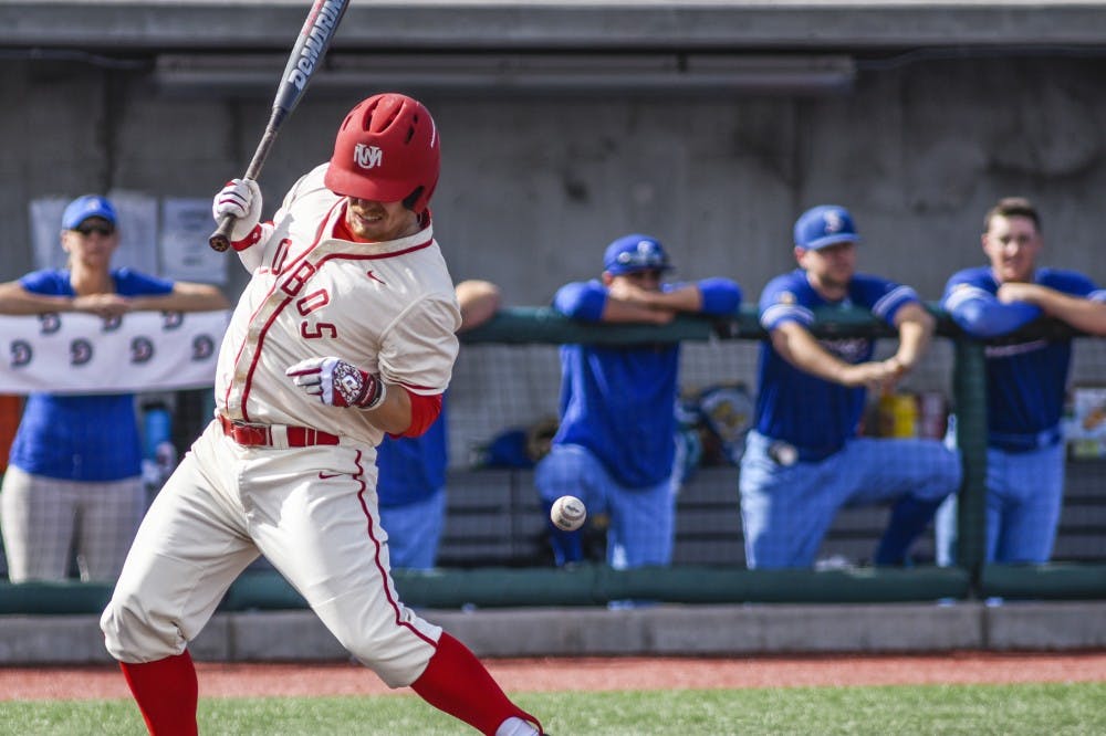 Sophomore Jared Mang takes a hit from a San Jose State University pitcher Saturday, March 11, 2017 at Santa Ana Star Field. The Lobos will play Grand Canyon University this Tuesday in Albuquerque, New Mexico.&nbsp;