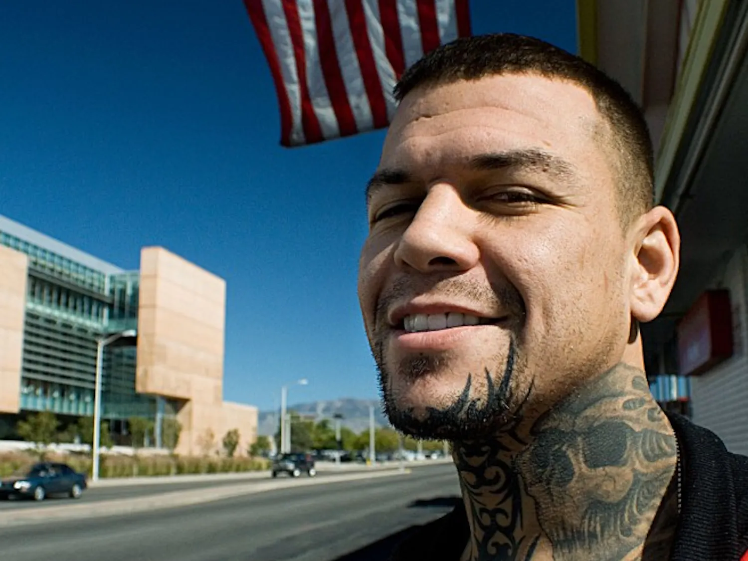 Professional Mixed Martial Arts fighter Gerald Lovato shows off his tattoos in front of the Frontier on Monday.