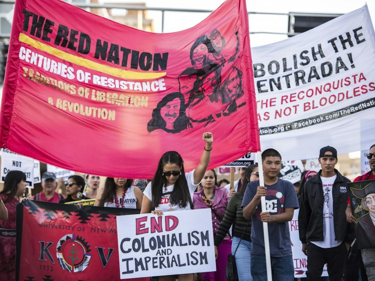 KIVA Club members march with demonstrators during an Indigenous Peoples’ March Monday, Oct. 10, 2016. KIVA is a student organization based out of UNM that educates and encourages students and community members on Native American issues.