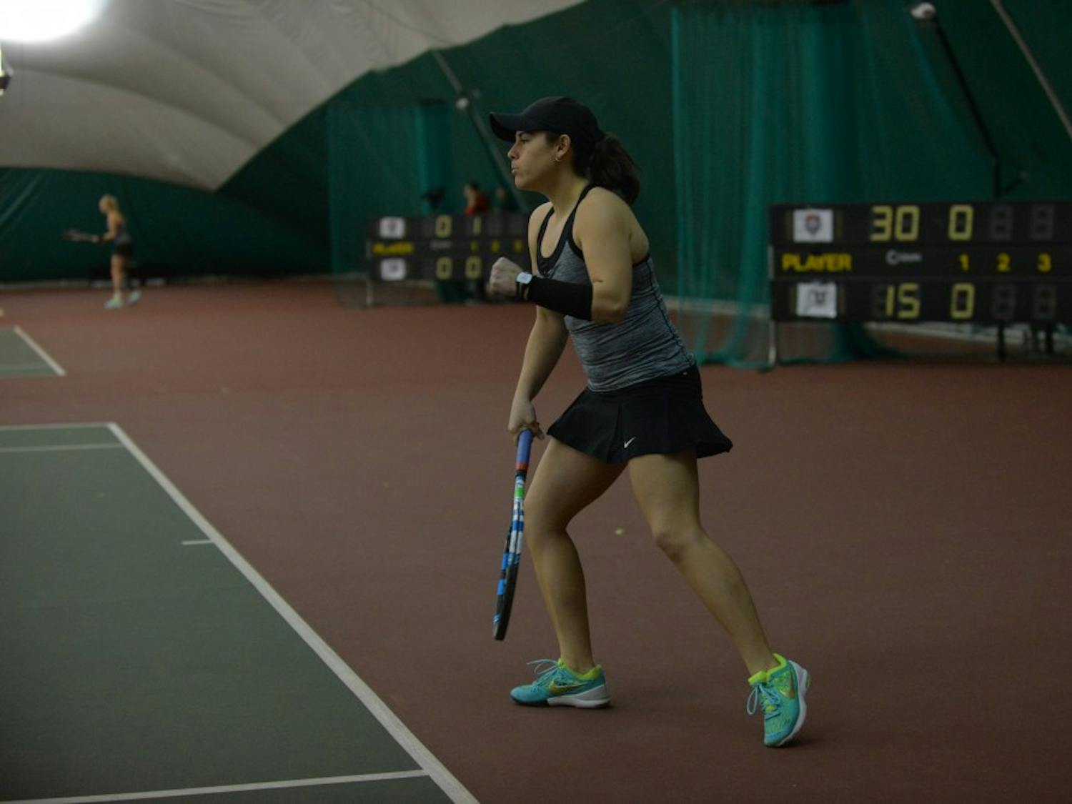 UNM alum Andrea Leblanc awaits an oncoming tennis ball during a match against Utah on Feb. 20, 2016. Leblanc is one of the three UNM students advocating for earthquake relief in her hometown of Mexico City. &nbsp;