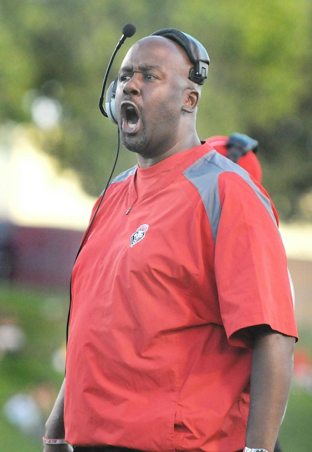 	UNM head football coach Mike Locksley shouts from the sidelines at University Stadium during the Lobos 52-17 loss to Texas Tech on Saturday.