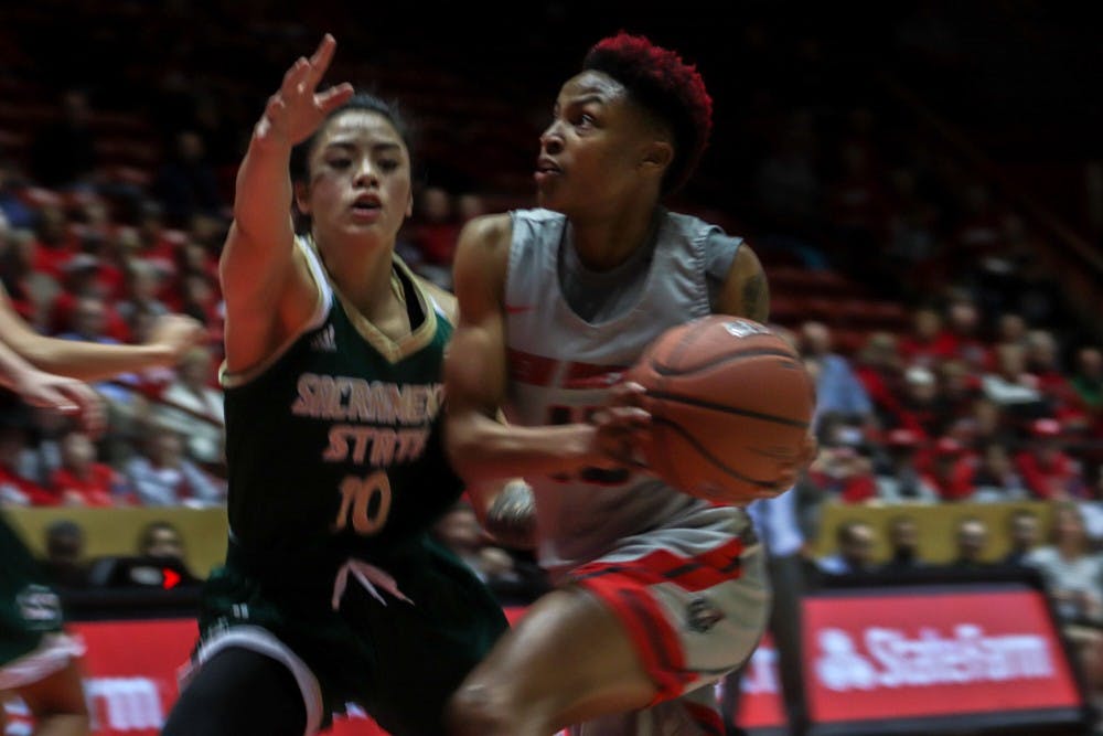 Aisia Robertson goes for a layup in the first quarter of the New Mexico&nbsp;Lobo women's basketball game against Sacramento State on Wednesday, Dec. 19.&nbsp;