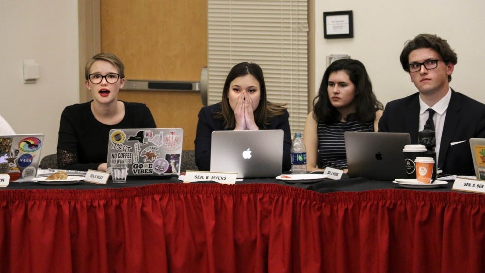 Left to right, Sen. Emily Wilks, Chair Becka Myers, Sen. Jack Hodge attending Wednesday?s ASUNM meeting in the SUB, Nov. 29, 2017. 

