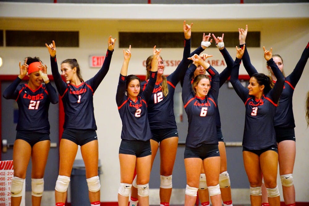 UNM’s bench prepares for game point against Fairfield on Saturday, August 27, 2016, at Johnson Center. The Lobos begin the USF Tournament in Tampa, Florida, this Friday against Stetson.