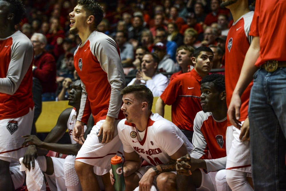 The Lobo bench anticipates a play during their game against Fresno State Wednesday, Dec. 28, 2016 at WisePies Arena. The Lobos will face off with Nevada State at WisePies Arena this Saturday at 9:15 p.m..