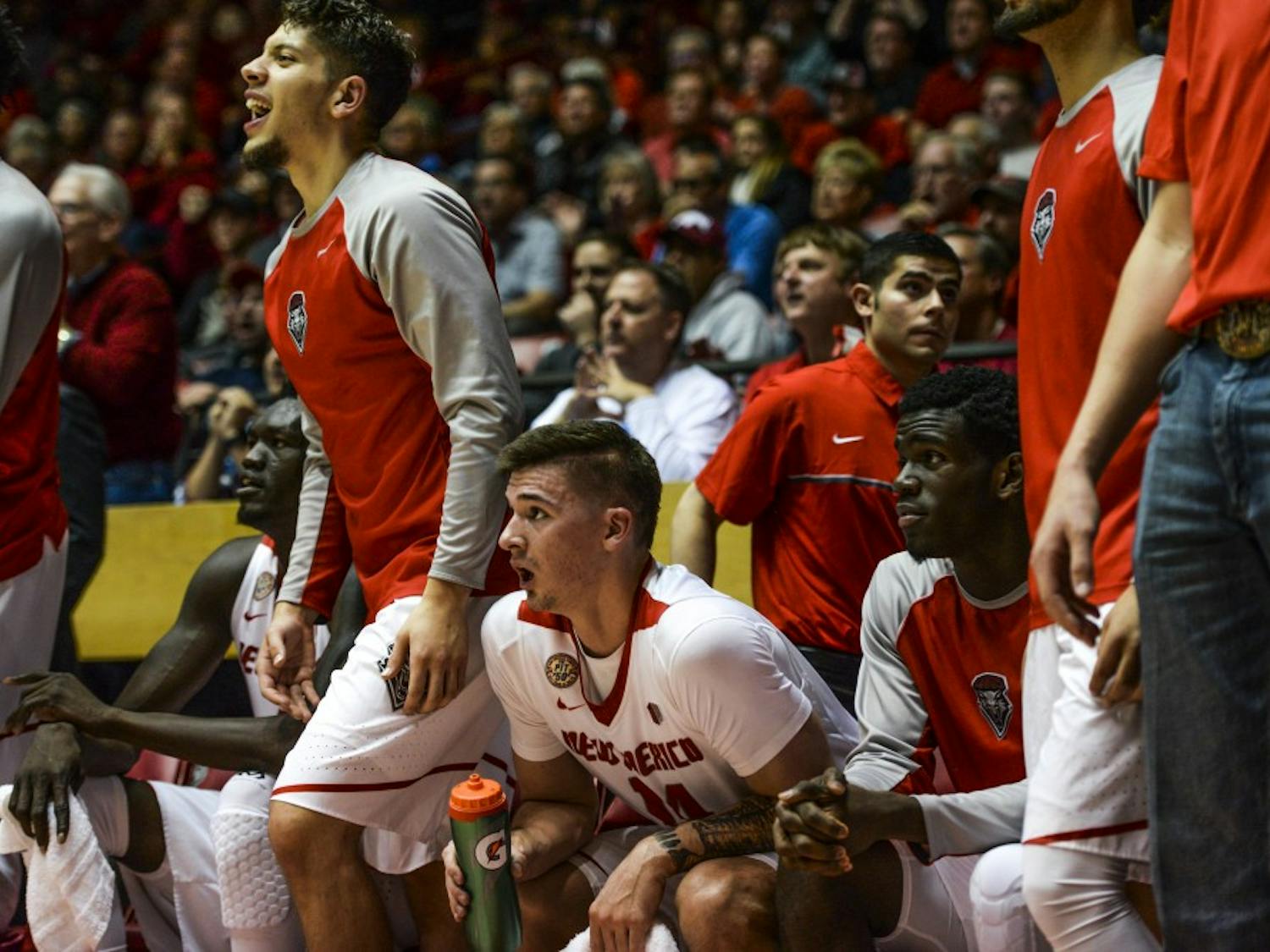 The Lobo bench anticipates a play during their game against Fresno State Wednesday, Dec. 28, 2016 at WisePies Arena. The Lobos will face off with Nevada State at WisePies Arena this Saturday at 9:15 p.m..