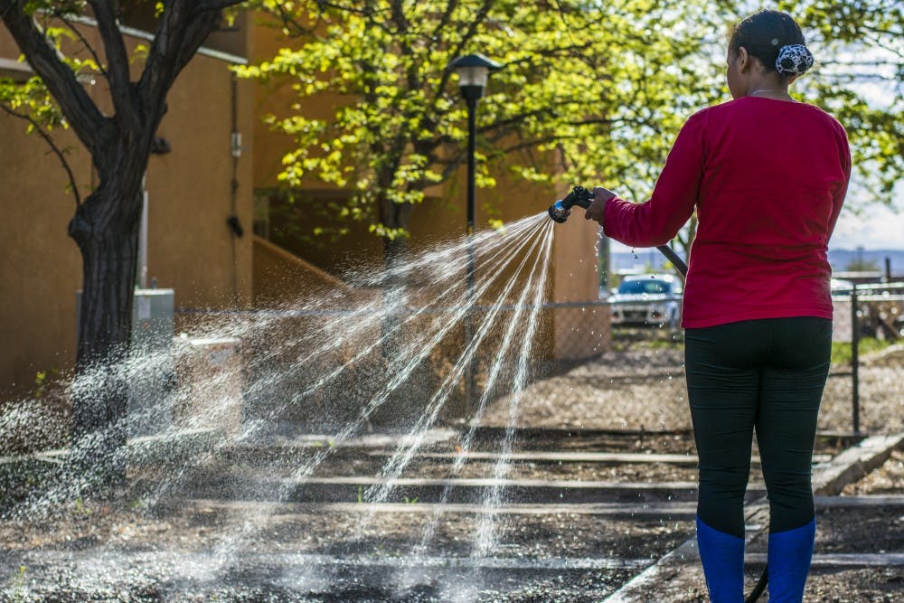 Rakotoarijaona Mino waters her seedlings Monday evening at the garden plot located at UNM's Student Family Housing. The garden consists of individual plots for different families to take care of during growing season.&nbsp;