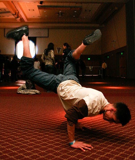 Ruben Maestas break-dances during the Layover Tour, featuring the rapper Evidence, on Monday in the SUB.