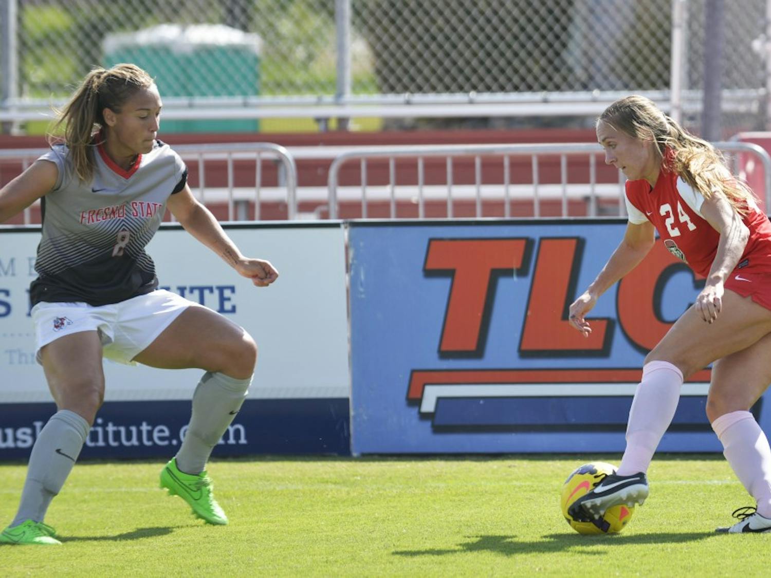 Senior forward Madisyn Olguin tries to pass Fresno State’s Fanny Johansson at the UNM Soccer Complex on Sunday, Oct. 18. The Lobos beat Air Force 3-0 on Sunday, Oct. 26. 