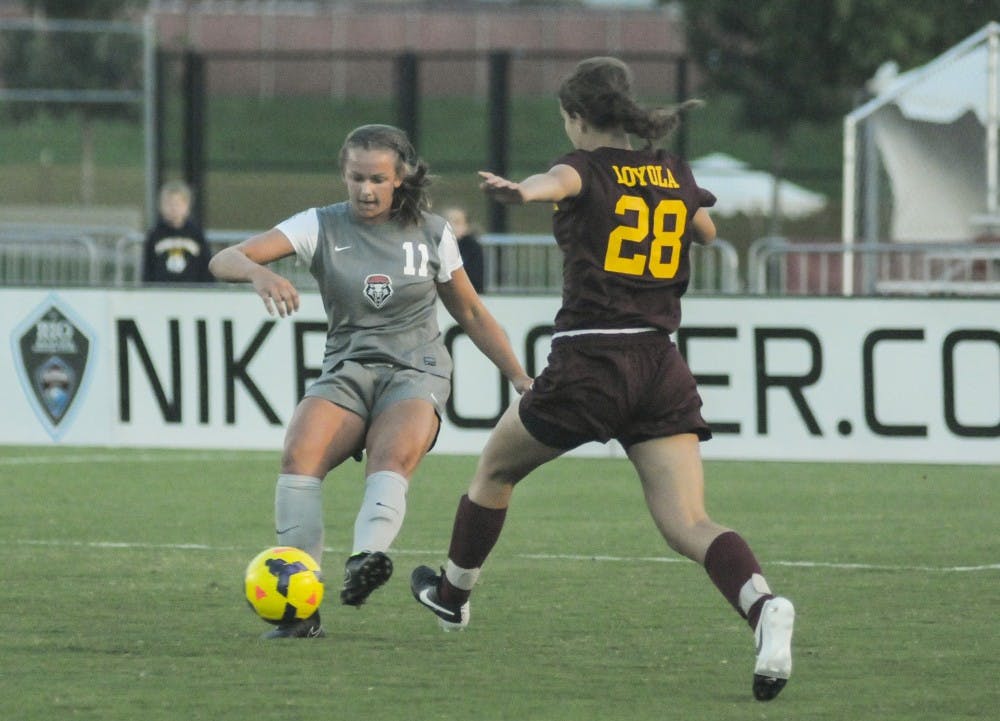 Lobo sophomore defender Brooke Webster, left, tries to keep the ball away from Loyola-Chicago sophomore defender Hailey Merrill during the women’s soccer game against Loyola at UNM Soccer Complex on Friday, Sept. 12. The Lobos will be playing against New Mexico State at the UNM Soccer Complex tonight at 5 p.m.