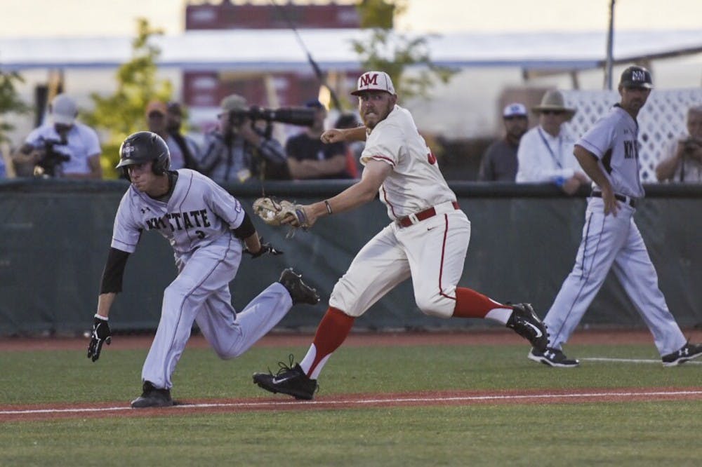 Senior Carl Stajduhar tags out a New Mexico State Aggie Tuesday, May 2, 2017 at Santa Ana Star Field. The Lobos lost to the Aggies&nbsp;12-5.&nbsp;