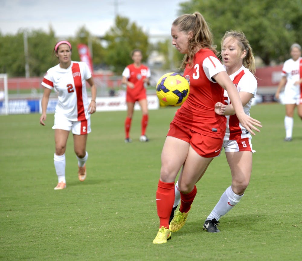 Midfielder Dylan O'Connor (3) cuts the ball off from UNLV's defender Isabella Myers Oct. 4. The Lobos play San Jose State this Friday for a spot to play Mountain West champs San Diego State. 