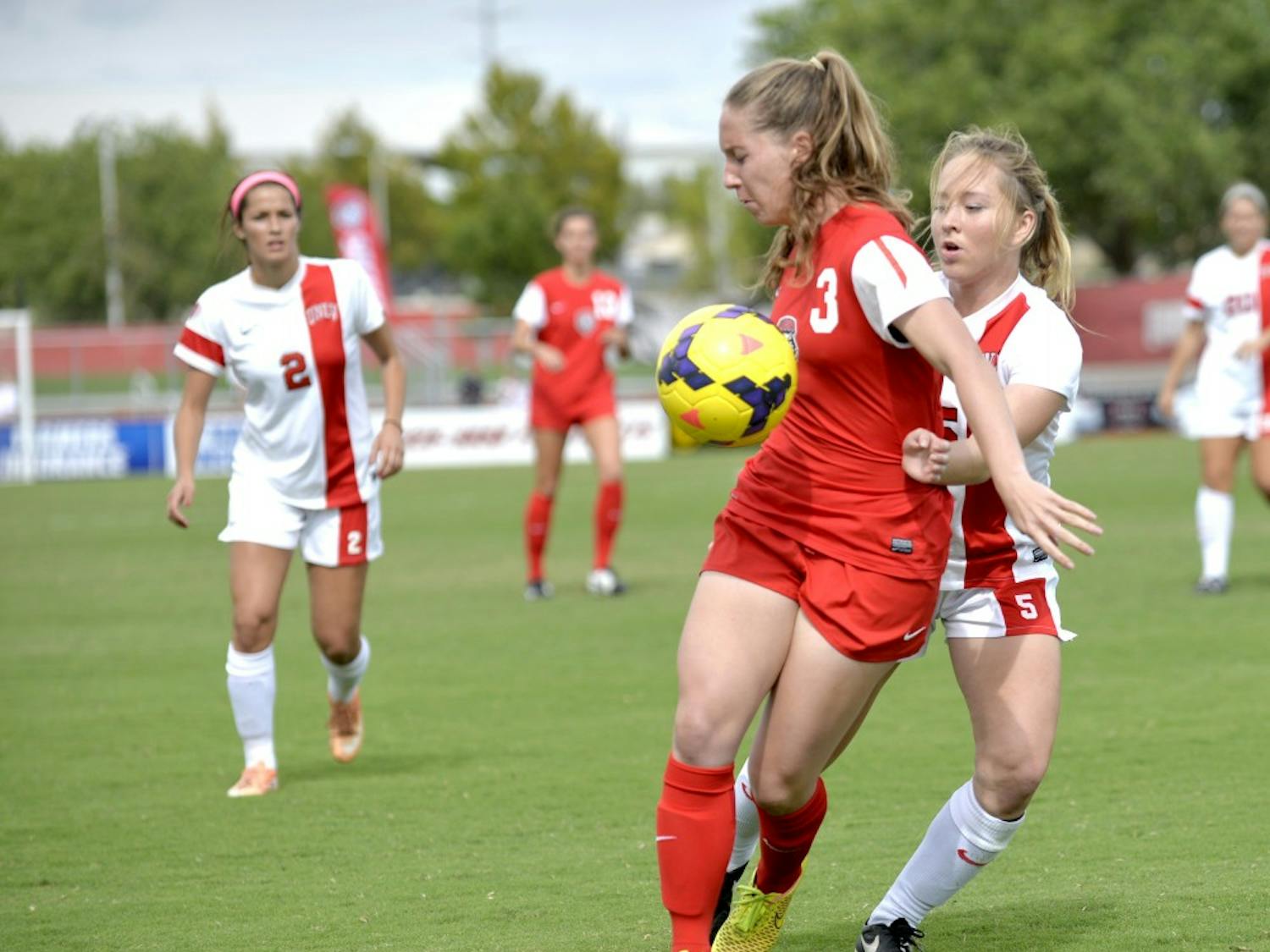 Midfielder Dylan O'Connor (3) cuts the ball off from UNLV's defender Isabella Myers Oct. 4. The Lobos play San Jose State this Friday for a spot to play Mountain West champs San Diego State. 