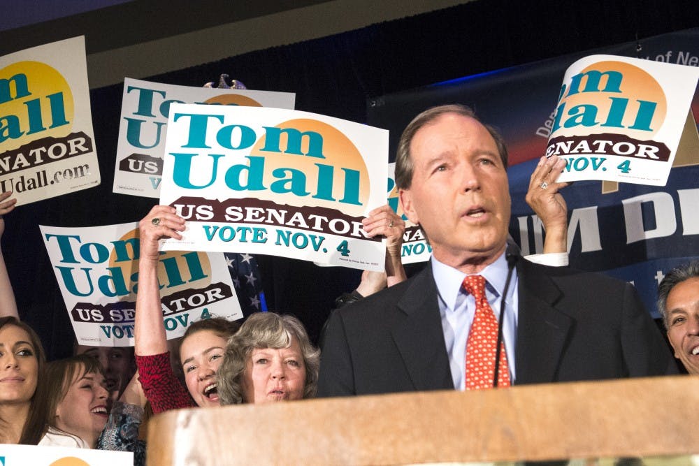 U.S. Sen. Tom Udall delivers his victory speech at the DoubleTree Hotel in Downtown Albuquerque on Tuesday night. Udall, a Democrat, won re-election by defeating Republican Allen Weh.