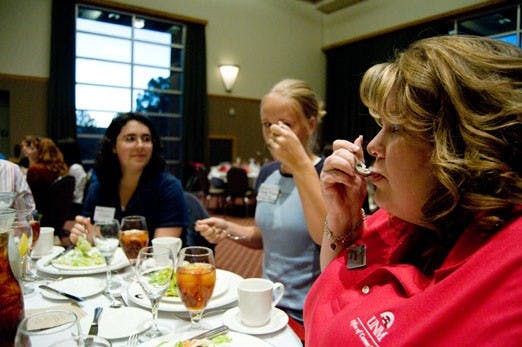 Jenna Crabb, director of Career Services, teaches students how to eat soup properly during a professional etiquette seminar Monday at the SUB.  